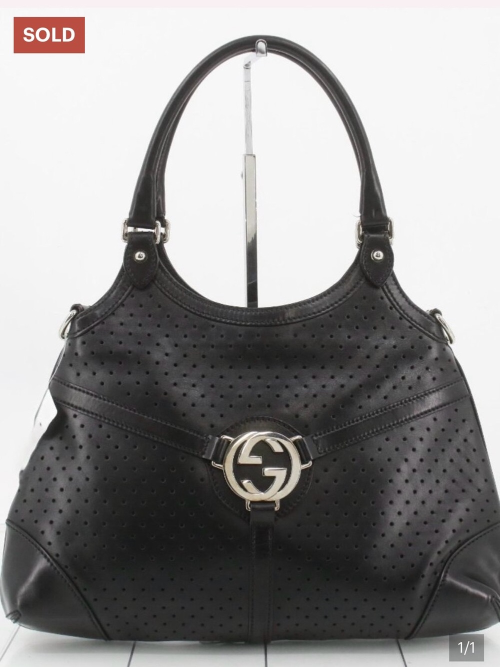 Gucci Reins Vintage Interlocking GG Perforated Leather Black Hobo Bag